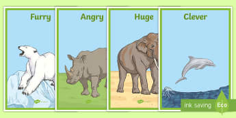 Zoo Animals Adjectives Display Posters - zoo, animals, animal, adjectives, adjective, display, poster, sign, tall, huge, heavy, angry, small, giraffe, elephant, lion, monkey