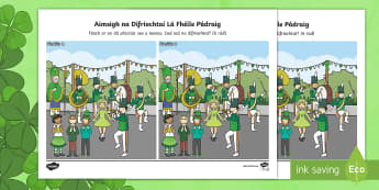 Lá Fhéile Pádraig, Aimsigh na Difríochtaí Activity Sheet-Irish - la feile padraig, Lá féile Pádraig, La Fheile Phadraig, lá le Phádraig, ROI - St. Patrick's Day Resources, Lá Fhéile Pádraig, Naomh Pádraig, spot the differences, aimi