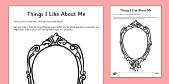 Things I Like About Me Self-Esteem Worksheet - CfE,Early Level, SHANARRI, health, self esteem, confidence building
