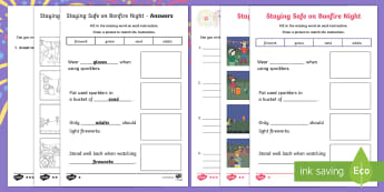 Sparks in the Sky Staying Safe on Bonfire Night Differentiated Activity Sheet - fireworks, firework safety, bonfire safety, bonfires, KS1, EYFS, Firework Night, Instructions, PSHCE