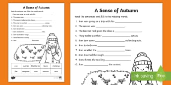 A Sense of Autumn Fill in the Blanks Activity Sheet - A, Sense, of, Autumn, seasons, Aistear, school trip, forest, blackberries, worksheet, squirrels, lea