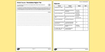 Les enjeux mondiaux Traduction Higher Tier - environment, world, globe, french, francais, gcse, practice