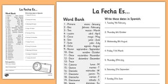 Spanish Date Writing Worksheet - worksheets, dates, Spain, write