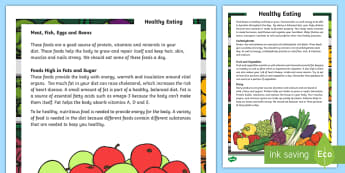 Healthy Eating Reading Comprehension Assessment Activity - test, english, non-fiction, questions, answers