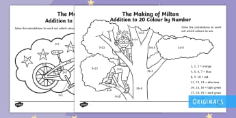 The Making of Milton Addition to 20  Colour by Number - KS1, EYFS, twinkl fiction, adding, story, tree, bike, bicycle, sums, calculations