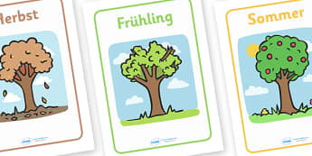 German Seasons Display Posters - Seasons, season, autumn, winter, spring, summer, fall, seasons activity, seasons display, four seasons, MFL, German, Modern Foreign Languages, foundation, languages, display