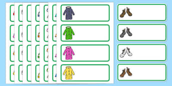 Editable Drawer - Peg - Name Labels (Outdoor Clothing) - Clothing, clothes, peg name, label, clothes pictures, tshirt, jeans, shorts, dress, cloves, hat