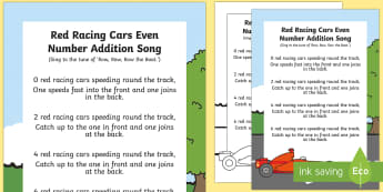 Red Racing Car Even Number Song - singing, song time, maths, mathematics, add, 2, addition, adding, plus, counting, racecars