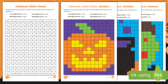 UKS2 Halloween Maths Mosaic Differentiated Activity Sheets - times tables, calculations, multiplication and Division, year 3 times tables, year 4 times tables, x