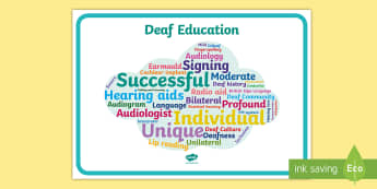 Deaf Education Word Cloud Display Poster - deaf, ToD, teacher of the deaf, BSL, sign language, audiology, SSE, hearing impaired