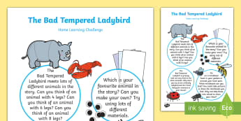   Home Learning Challenge Sheet Nursery FS1 - EYFS, Eric Carle, Bad Tempered Ladybird, minibeasts, animals, size, time, home learning, nursery, la