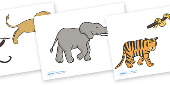 Jungle Animal Themed Stick Puppets - walking through the jungle, animals, story, book, story, story book, story sequencing, story resources, stick puppet, jungle, animal, lion, tiger, elephant, snake monkey, crocodile