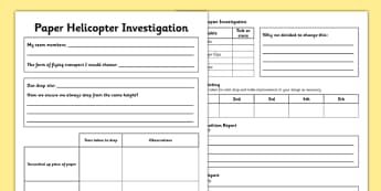 Paper Helicopter Investigation Record Sheet - Air resistance, gravity, spinner, rotor blades, flying, science, make, home education, parents