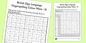 British Sign Language Left Handed Fingerspelling Colour Maze N