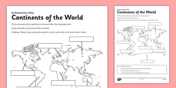 Continents of the World Activity Sheet - continents, map, world, activity, worksheet