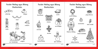 Foclóir Nollaig agus Bileog Dathúcháin Gaeilge - gaeilge, christmas, words, colouring, sheets