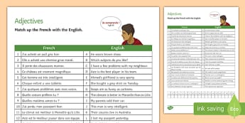 French Adjectives Match-Up Activity Sheet-French