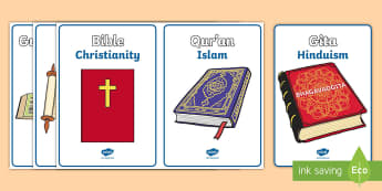 Religious Texts Picture Cards - religion, religions, cards, word cards, flashcards, wordcards, bible, Qur'an, Torah, Gita, Christianity, Islam, Judaism, Hinduism, Sikhism, Guru, Granth Sahib