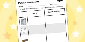 Material Investigation Worksheet - material, investigate, science