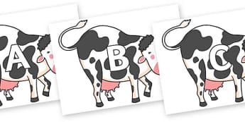 A-Z Alphabet on Hullabaloo Cow to Support Teaching on Farmyard Hullabaloo - A-Z, A4, display, Alphabet frieze, Display letters, Letter posters, A-Z letters, Alphabet flashcards