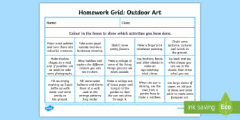 Outdoor Art Homework Grid - Homework, home learning, active homework, outdoor learning, personalisation and choice, choosing, ac