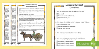 KS1 London's Burning! Fiction Differentiated Reading Comprehension Activity - history, fiction, story, questions and answers, the great fire of London