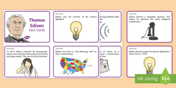Thomas Edison Fact Cards - Light, dark, sources, science, ks1, year 1, year 2, lights, shadows, Thomas Edison, information card