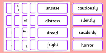 Words and Phrases to Create Tension, Suspense, and Mystery Word Cards - mystery word cards, tension word cards, suspense word cards, creative writing