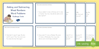 Adding and Subtracting Mixed Numbers Word Problems  Challenge Cards - adding mixed numbers, subtracting mixed numbers, problem solving, word problems, mixed numbers, impr
