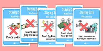 Staying Safe with Electricity Display Posters - Electric, safety, safe, word mat, mat, writing aid, power, circuit, electricity, battery