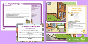 The Magic Porridge Pot Small World Play Idea and Printable Resource Pack - imaginary play, model play, sensory play, Traditional tale, old lady, porridge, oats