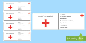 In Case of Emgergency Information Cards - ICE, in case of emergency, out and about, independence