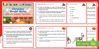 Year 4 Christmas Mental Maths Challenge Cards English/Spanish - Year 4, year 4 maths, mental maths challenges, mental maths, Christmas mental maths, EAL,Spanish-tra