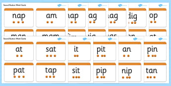 Phase 2 Sound Button Word Cards - DfES Letters and Sounds, Letters and sounds, Phase 2, Sound button cards, Phase two, Segmenting, Phonemes