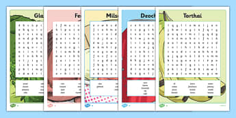Bia Word Searches Pack - irish, gaeilge, bia, food, word search, activity, food types, vocabulary