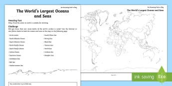 The World's Largest Oceans and Seas Activity Sheet - ocean, sea, around the world's oceans, august, water around the world, pacific, worksheet, atlantic