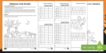 KS2 Halloween Code Breaker Activity Sheets - halloween maths, fractions, multiply by 10, multiply by 100, divide by 10, divide by 100, times tabl