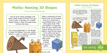 EYFS Maths: Naming 3D Shapes Home Learning Challenges - Early years, eyfs planning, Beginning to use mathematical names for ‘solid’ 3D shapes, and mathe