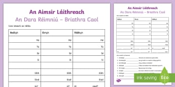 The Present Tense (An Aimsir Láithreach - An Dara Réimniú - Briathra caol) Using the Verbs 'Bailigh', 'Eirigh' and 'Fáiltigh' Activity Sheet - Aimsir, láithreach, Dara, Réimniú, Briathra, caol, two, Syllable, Practice,Irish, Gaeilge