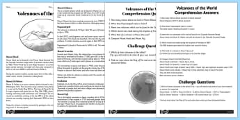 World Volcanoes Reading Comprehension Activity - volcano, worksheet