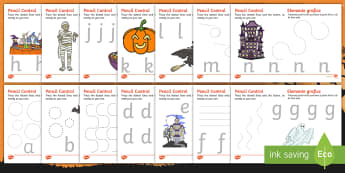 Halloween Pencil Control Activity Sheets English/Romanian - Pencil control, halloween, control, motor skills, trace, EAL, worksheet