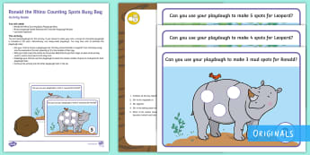 Ronald the Rhino Counting Spots Busy Bag Resource Pack for Parents - Rhinoceros, leopard, twinkl fiction, maths, number, counting, play doh, play dough