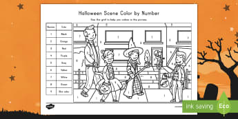 Halloween Scene Color By Number Activity - Holidays, October, Fall, Halloween Activities, color recognition, number recognition, fine motor ski