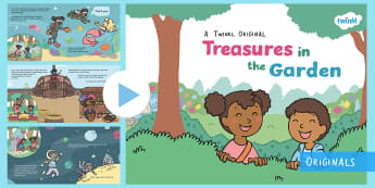 Treasures in the Garden Story PowerPoint - outdoor learning, forest school, sibling, relationship, hunt, fiction, story, book, fairy, queen, pi
