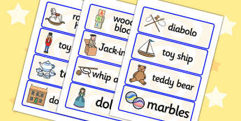 Toys from the Past Word Cards - Word cards, Toys, Word Card, flashcard, flashcards, Jack in the box, diabolo, jacks, pop gun, skittles, spinning top, marbles, pogo, doll 