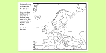 Second World War Colouring Map - world war two, ww2, world war II, world war 2 worksheet, world war 2 colouring worksheet, world war 2 allies axis or neautral