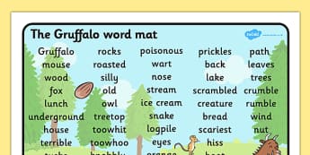 The Gruffalo Word Mat (Text) - The Gruffalo, resources, mouse, fox, owl, snake, Gruffalo, fantasy, rhyme, story, story book, story book resources, story sequencing, story resources, word mat, writing aid