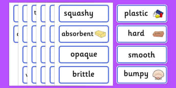 Materials Word Cards -  materials, science, Word cards, Word Card, flashcard, flashcards, investigation, A4, display, posters, material properties, shiny, dull, rough, smooth, bumpy, wood, plastic, glass, stone, transparent