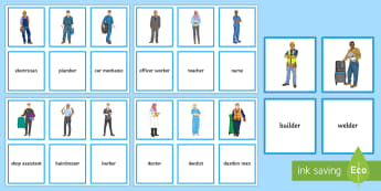 Jobs Matching Cards - sen, professions, emergency services, builders, uniforms, vocabulary, pairs