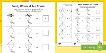 Sand, Waves and Ice Cream Counting Spots Activity Sheet - exploring my world, ROI, Counting spots, exploring our world, aistear, story, maths, worksheet, Iris